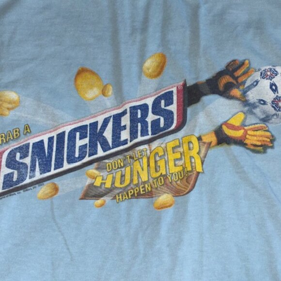 Vintage Grab a Snickers Don't Let Hunger Happen Beefy T Shirt XL Blue Soccer - Picture 1 of 7